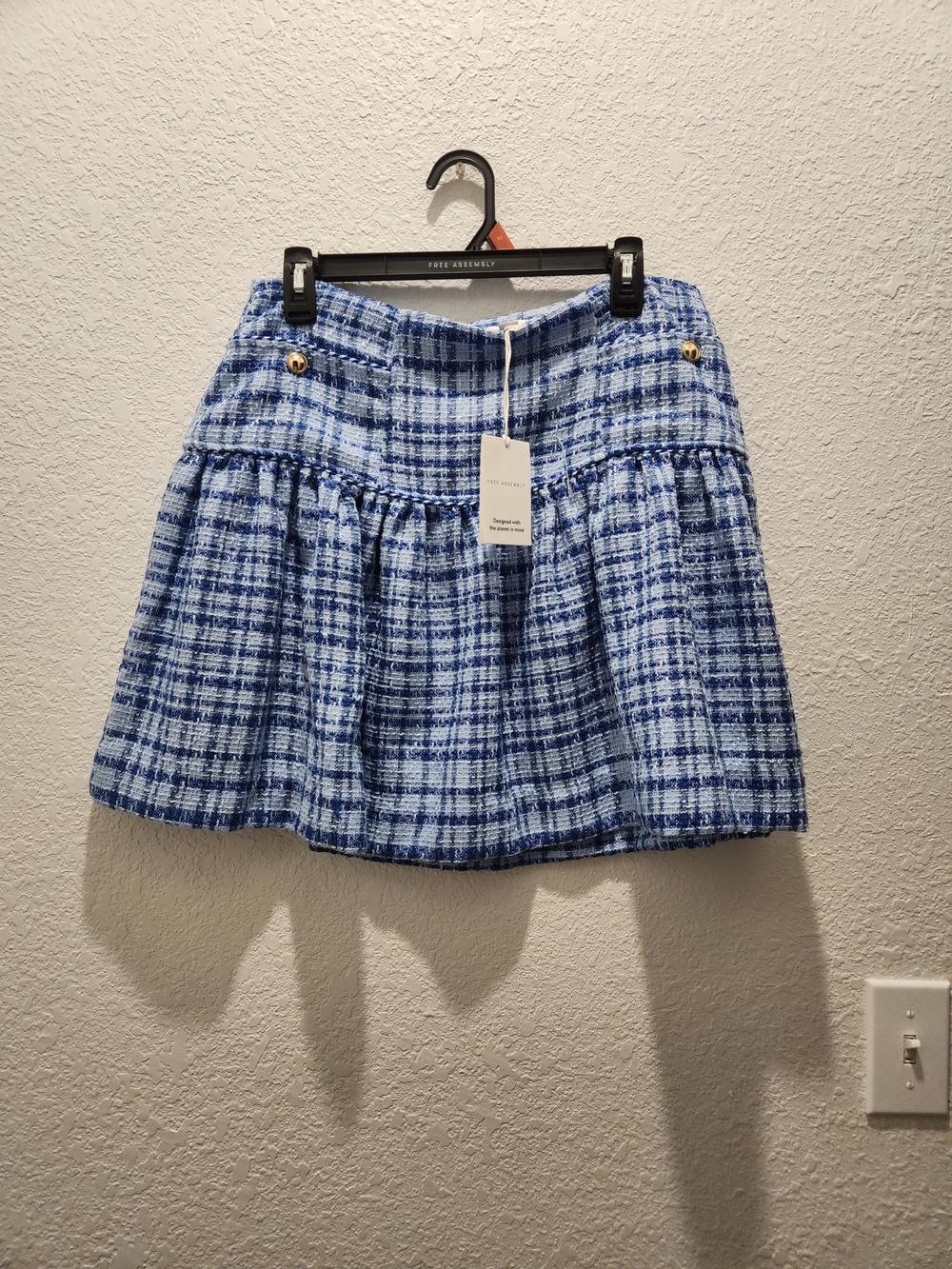 Blue Plaid Tweed Mini Skirt with Gold Buttons - Unbranded